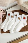 Kadın 5 Çift Premium Kalite Beyaz Renkli Ayıcık ve Kalp Desenli Kısa Soket Çorap